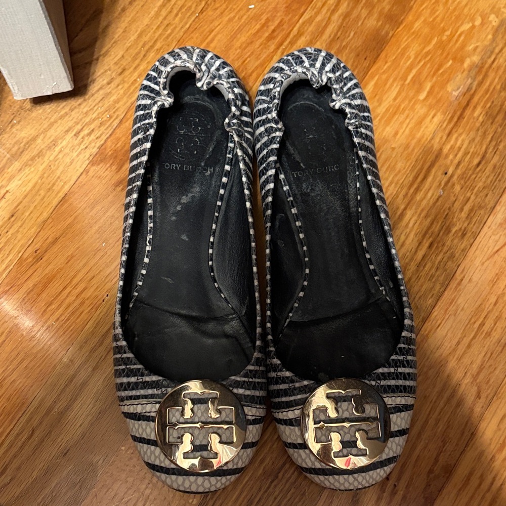 Tory Burch Striped Black and Gold Flats